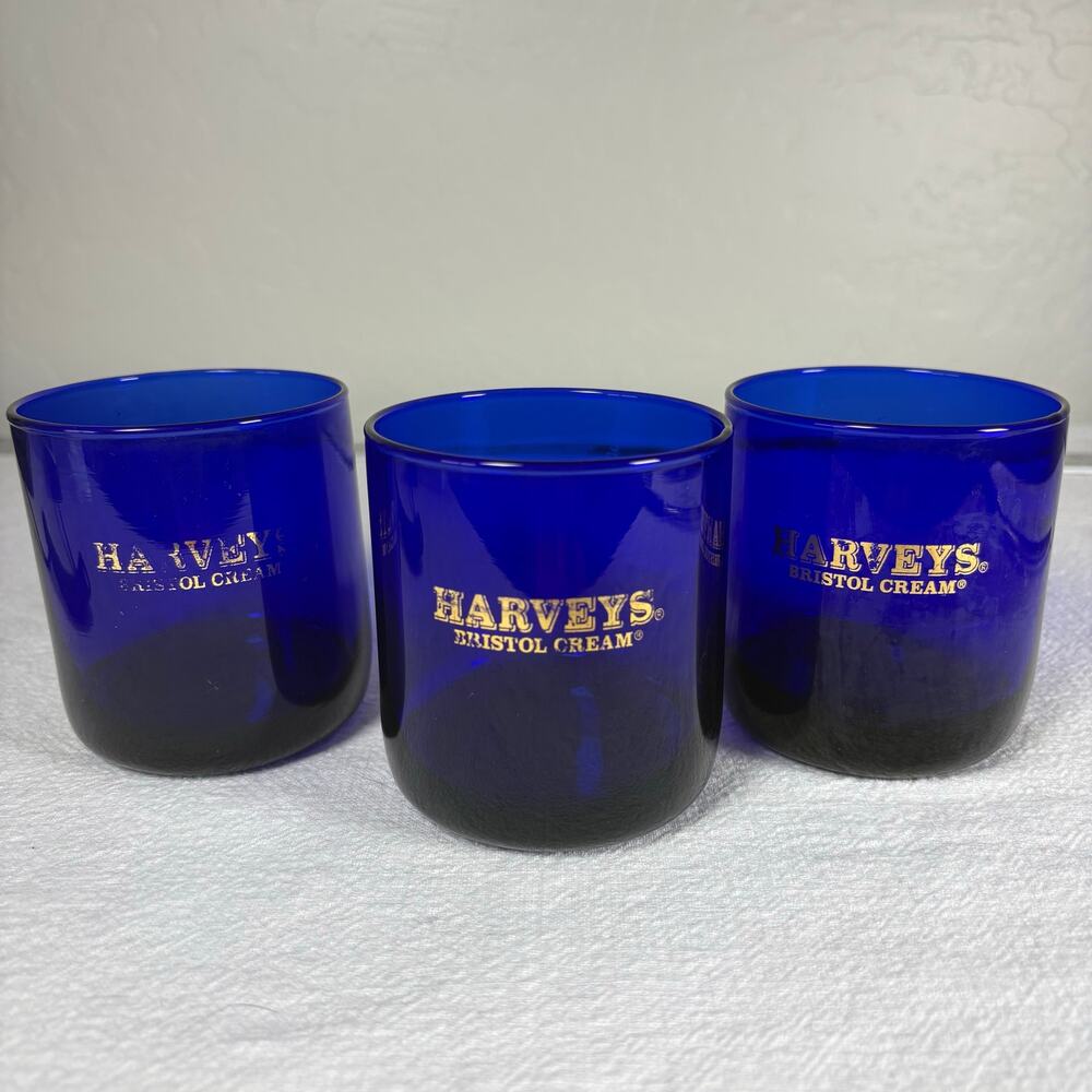 Vintage Harvey’s Bristol Cream Cobalt Blue Rocks Glasses Set of 3 Gold Logo